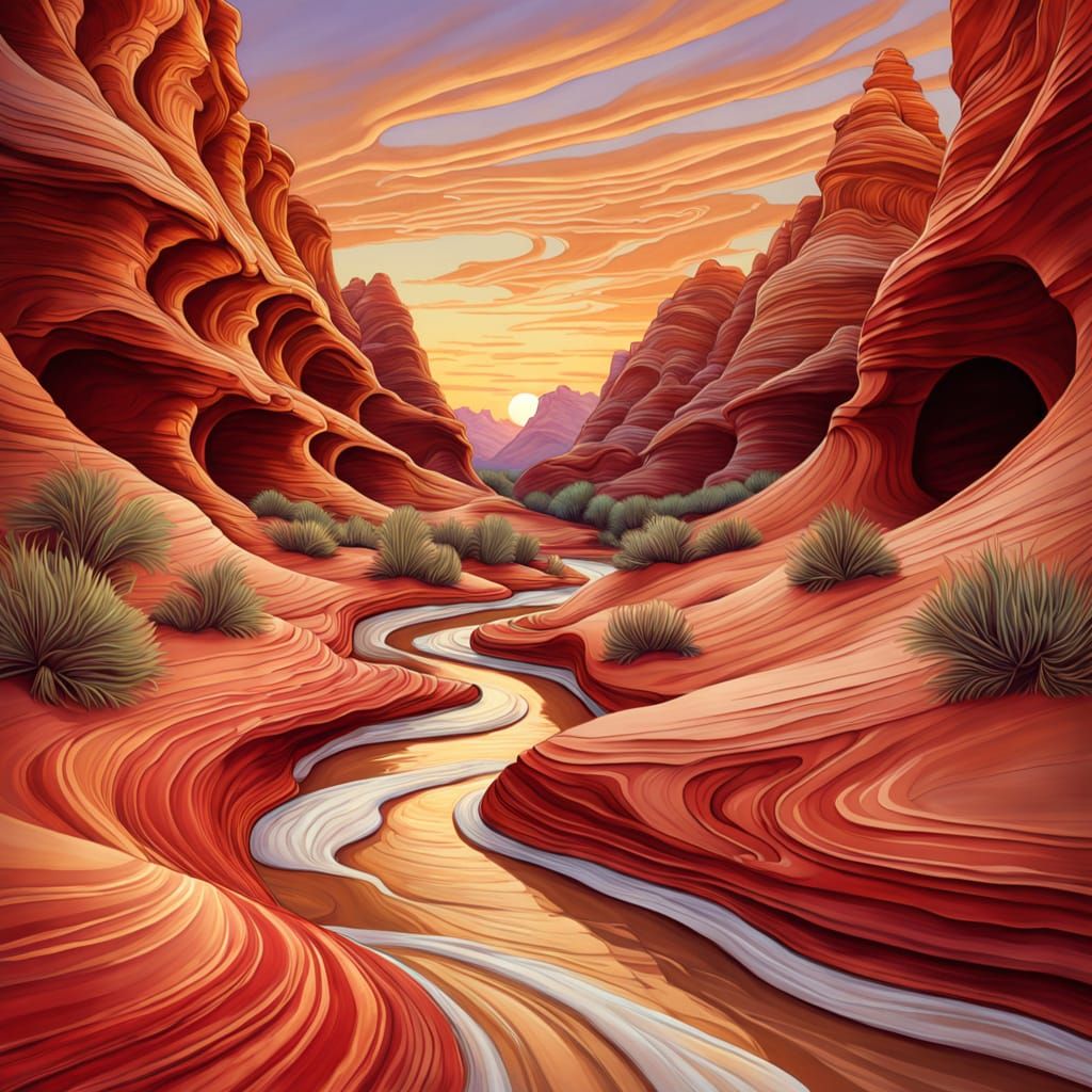Desert Canyon with Reflective Stream in Art Nouveau Style