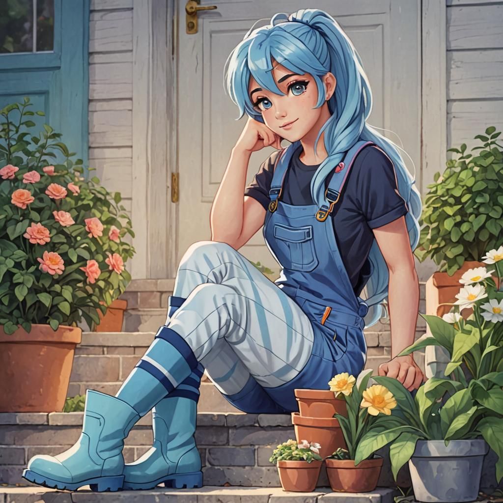 Human Sonata Dusk Gardening in Blue Overalls