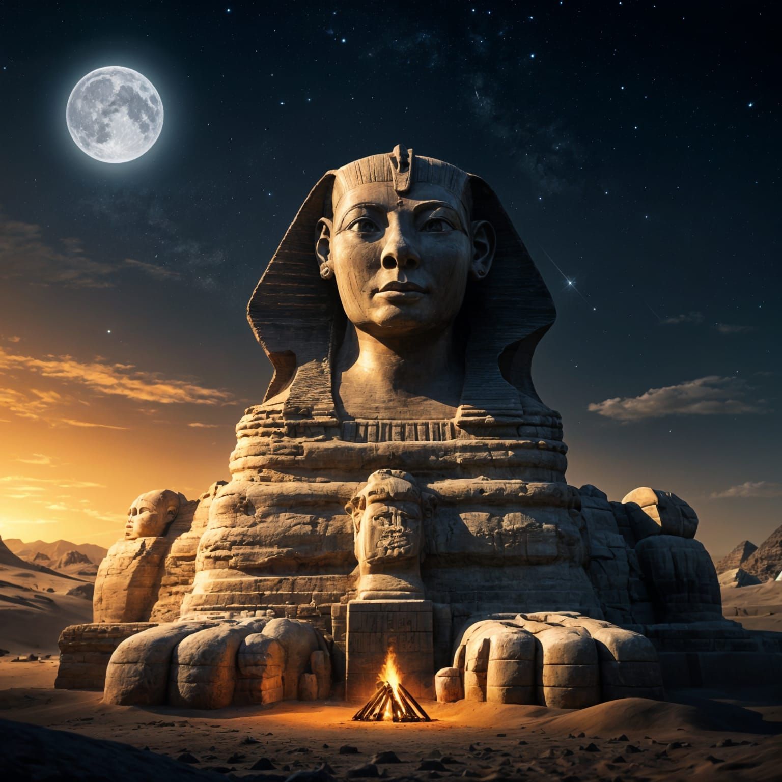 Egyptian Sphinx Under Starry Moonlit Sky