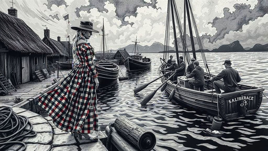 Fishing Village Farewell in German Expressionist Style