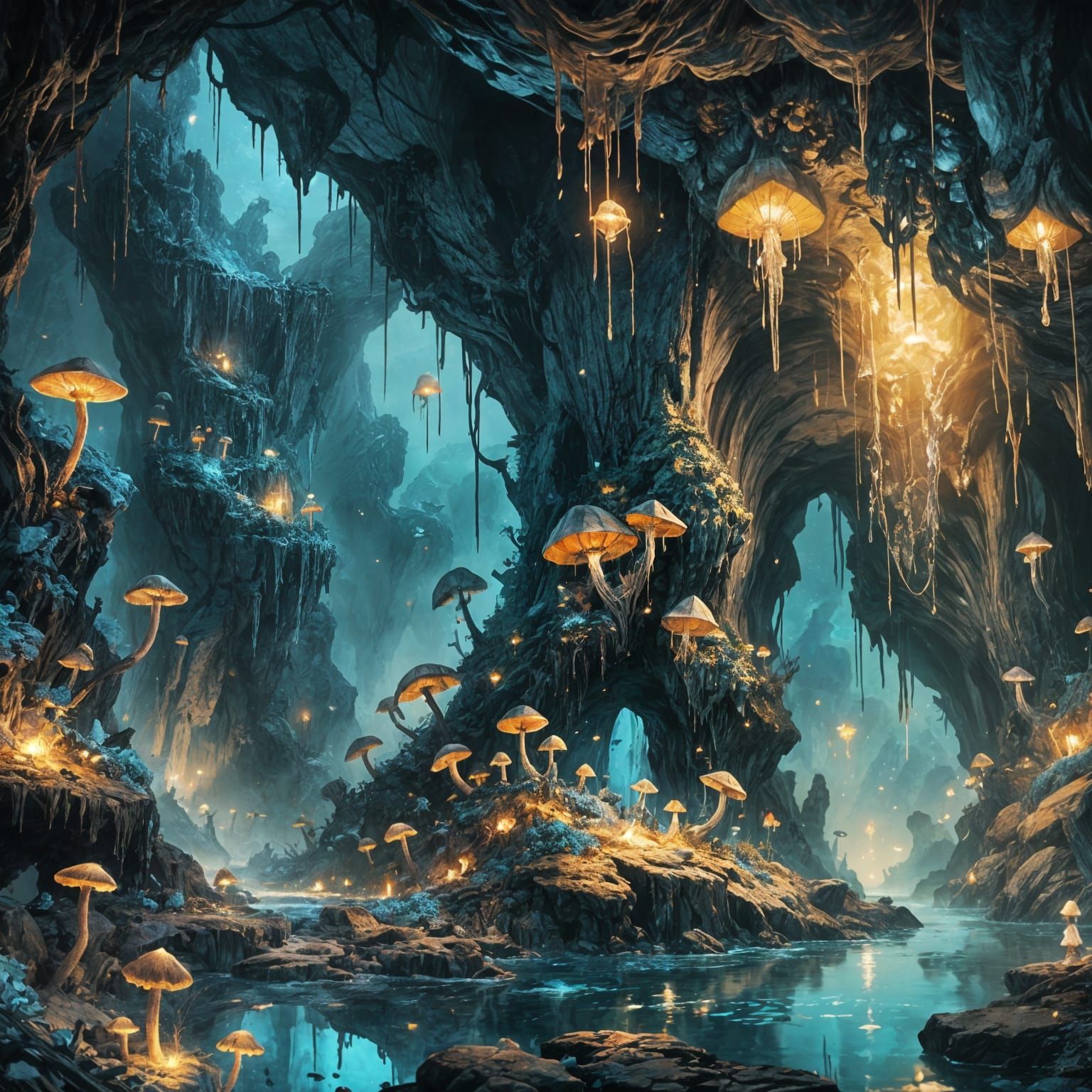 Fantasy Cave Scene in Deep, Otherworldly Colors