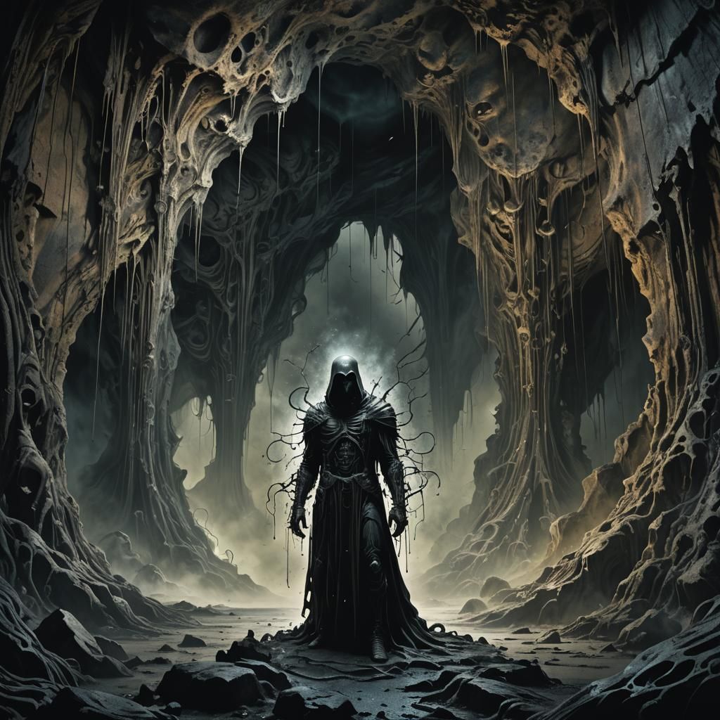 Ghostly Figure in Dimly Lit Cave: Dark Fantasy Art