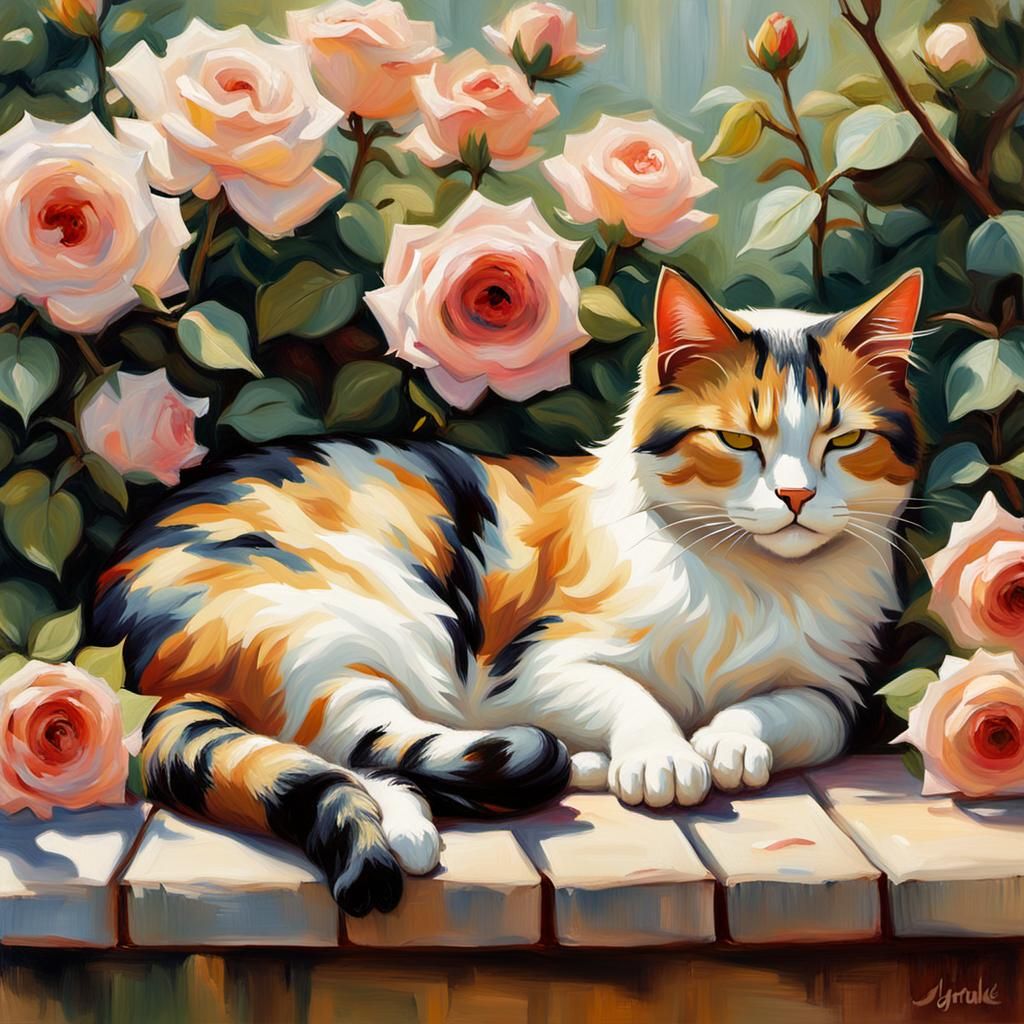 Calico Cat Sleeping in Rose Garden: Impressionist Painting