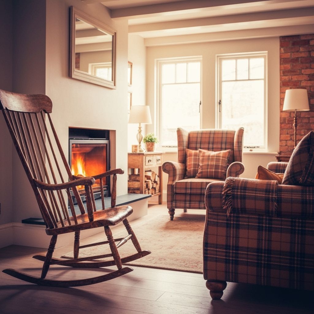 rocking chair, fireplace, cosy living-room , tartan plaid on...