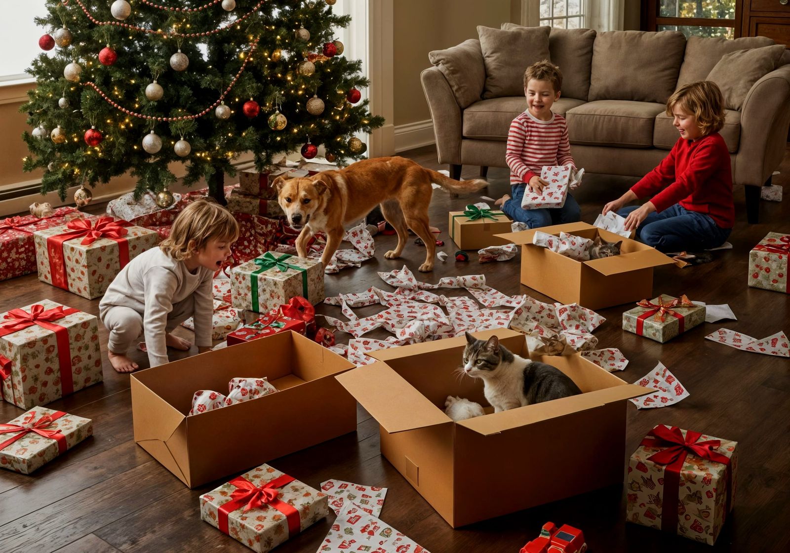 Christmas Morning Chaos With Excited Children and Pets