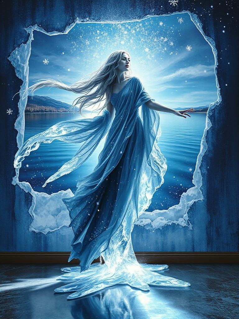 Rusalki Spirit Emerges from Torn Winter Wall Painting