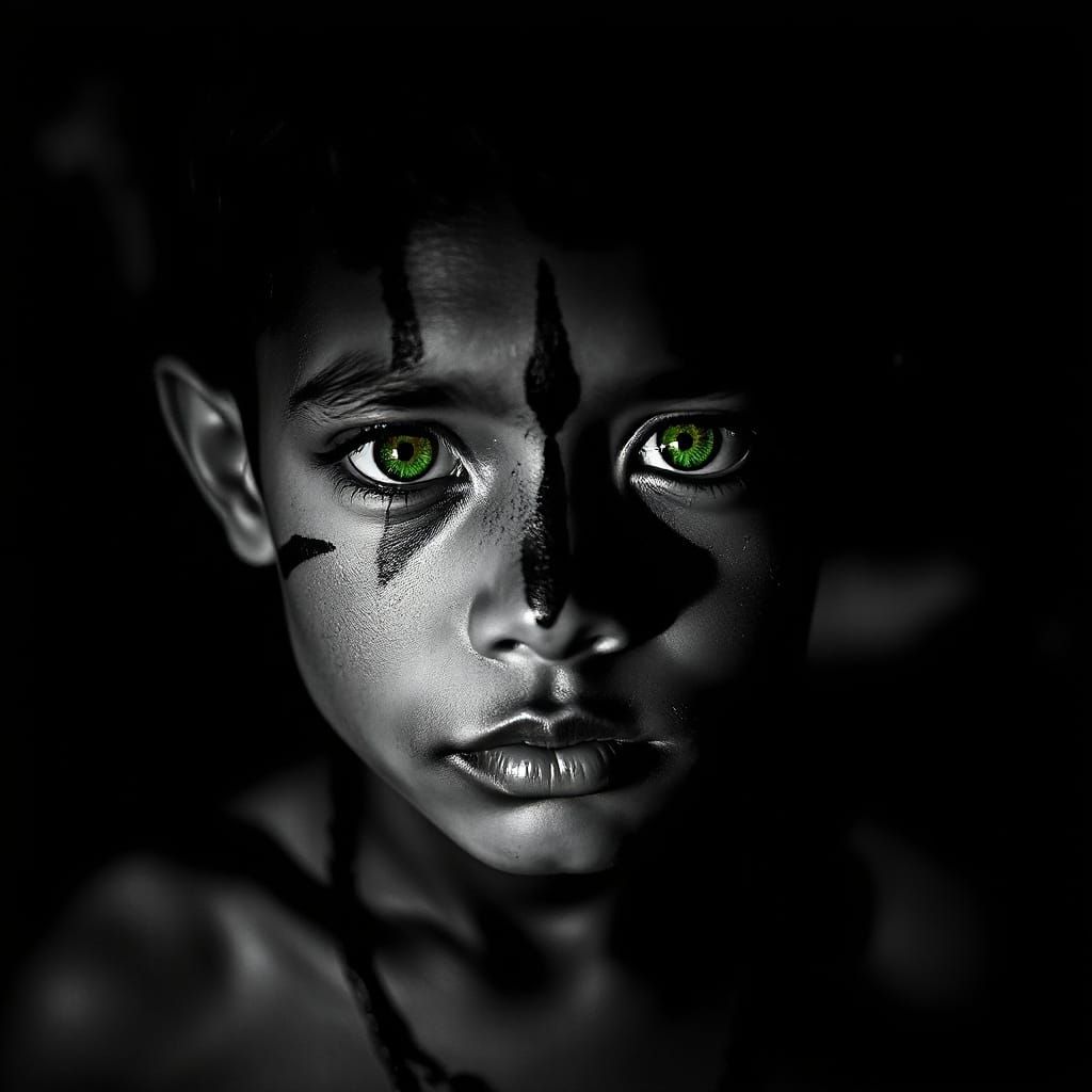 High contrast velvet black and white portrait. Medium shot. ...