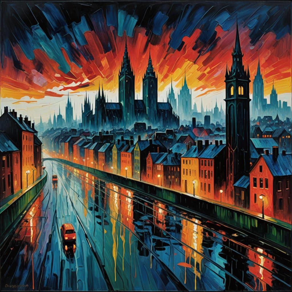 Dark Metropolis Cityscape in Expressionist Style