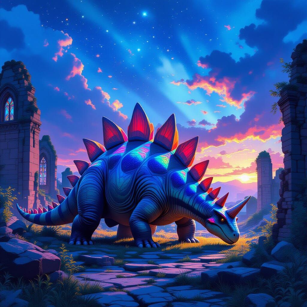 Stegosaurus Grazing in Ancient Ruins: Stained-Glass Art