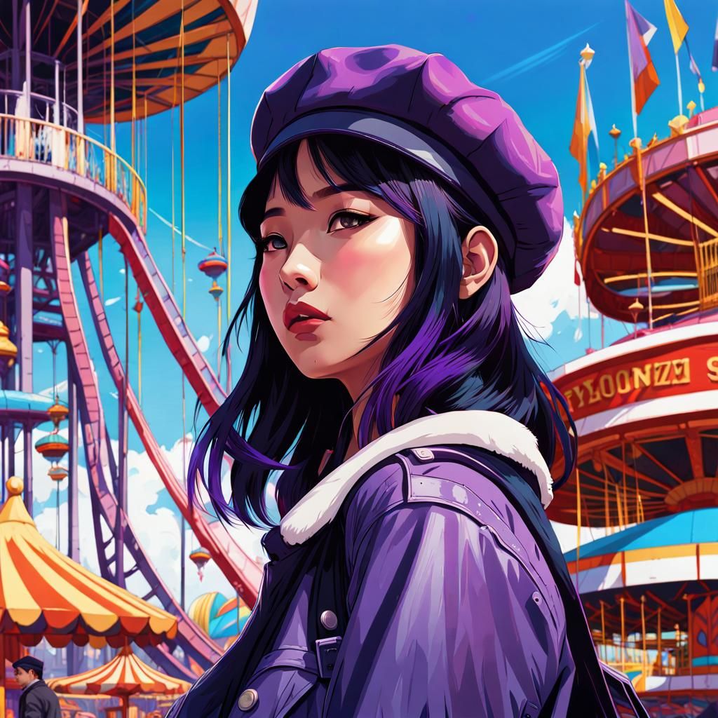 Teen Girl in Amusement Park: Digital Art