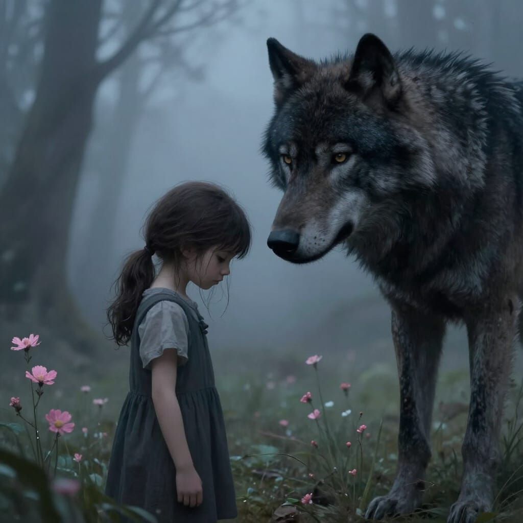Sad Girl and Wolf in Misty Forest Meadow