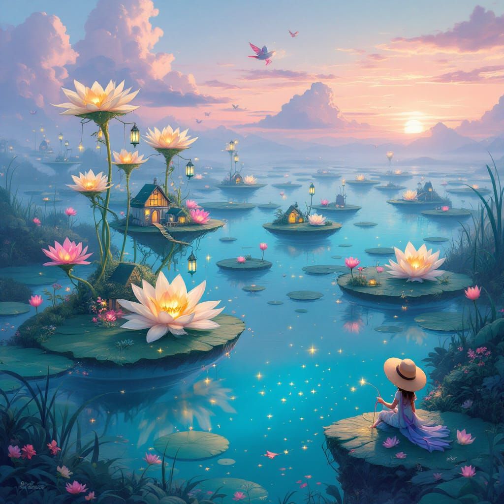 Dreamy Floating City on Lily Pads at Pastel Sunset