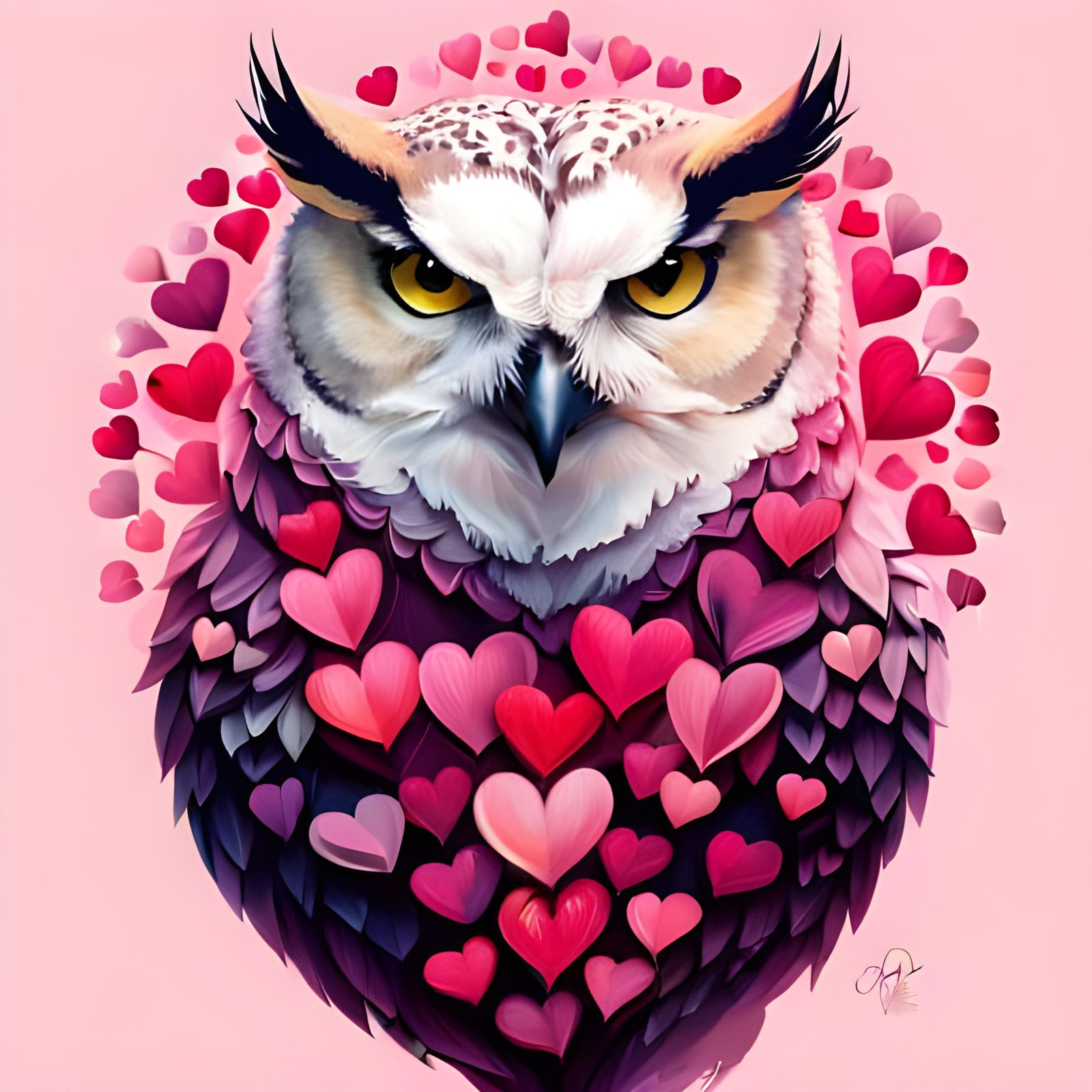 Happy Owl Portrait with Hearts in Whimsical Style