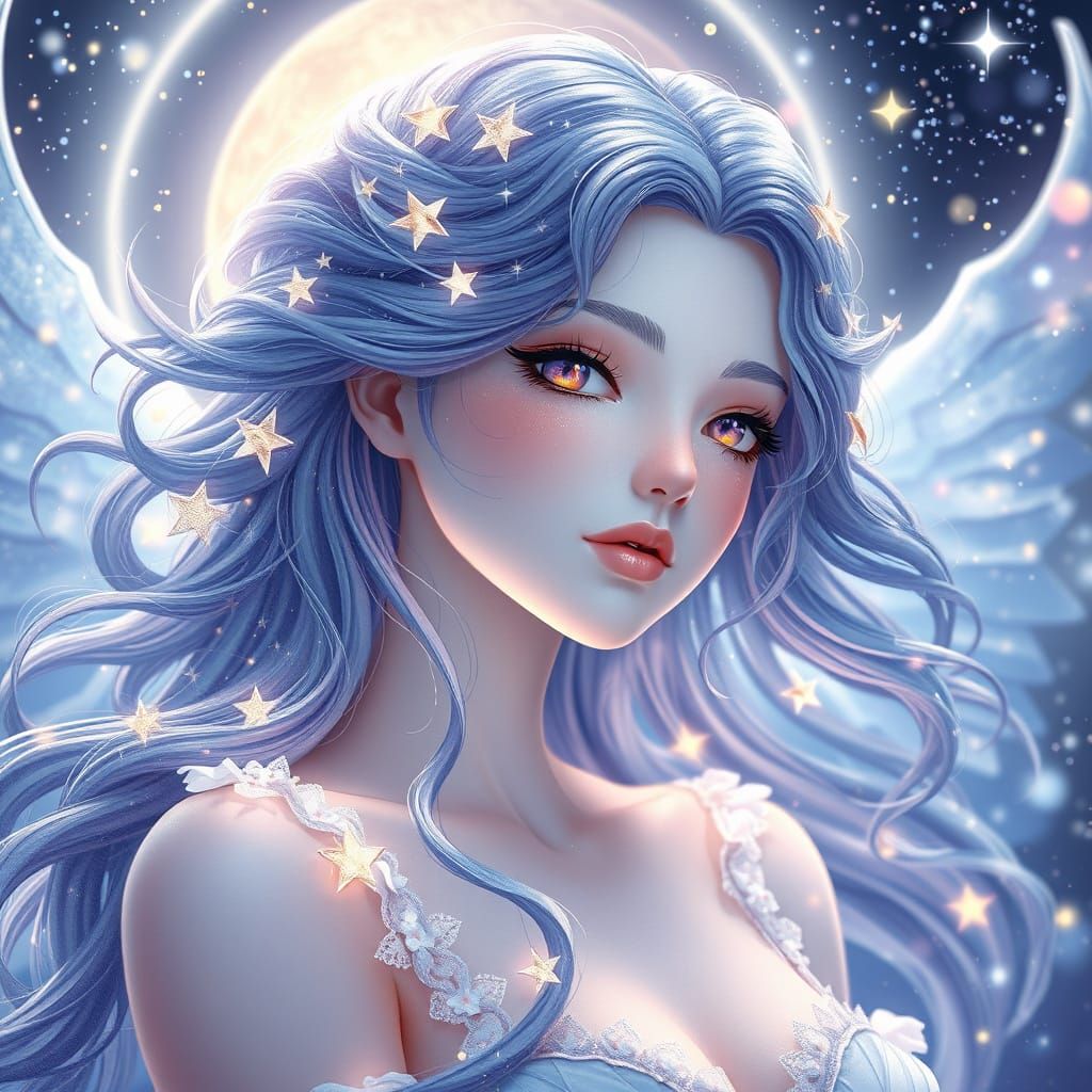 Ethereal Goddess with Starry Hair, in Watercolor Style