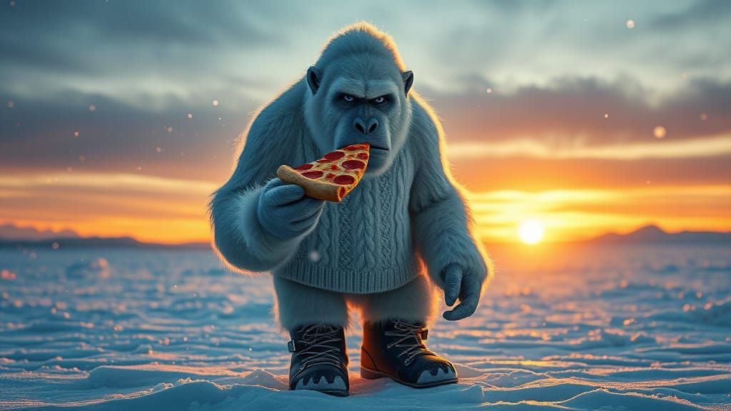 Majestic Yeti Savoring Pizza in Winter Wonderland