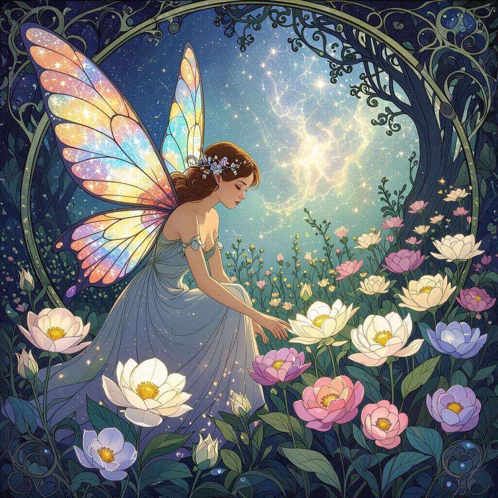 Ethereal Fairy Garden in Art Nouveau Style