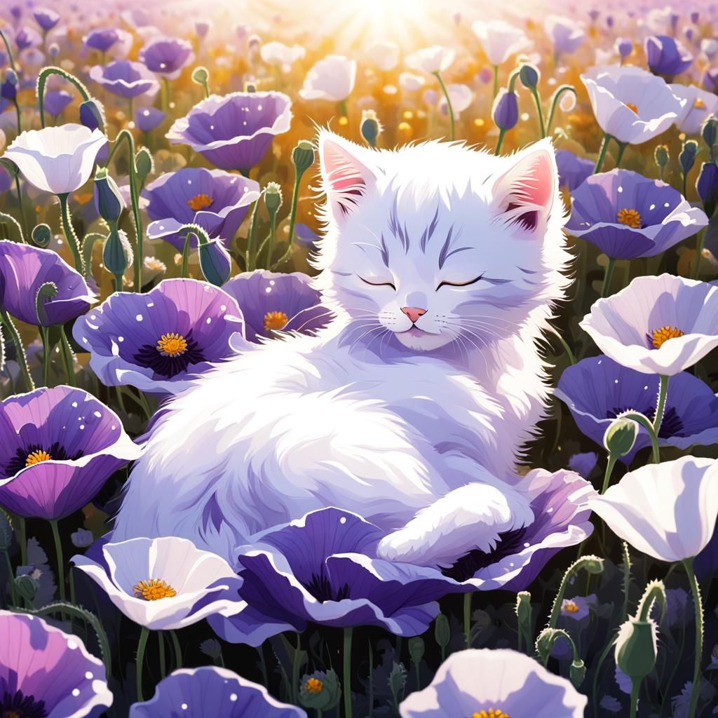 Kawaii Kitten Sleeping in Poppy Meadow