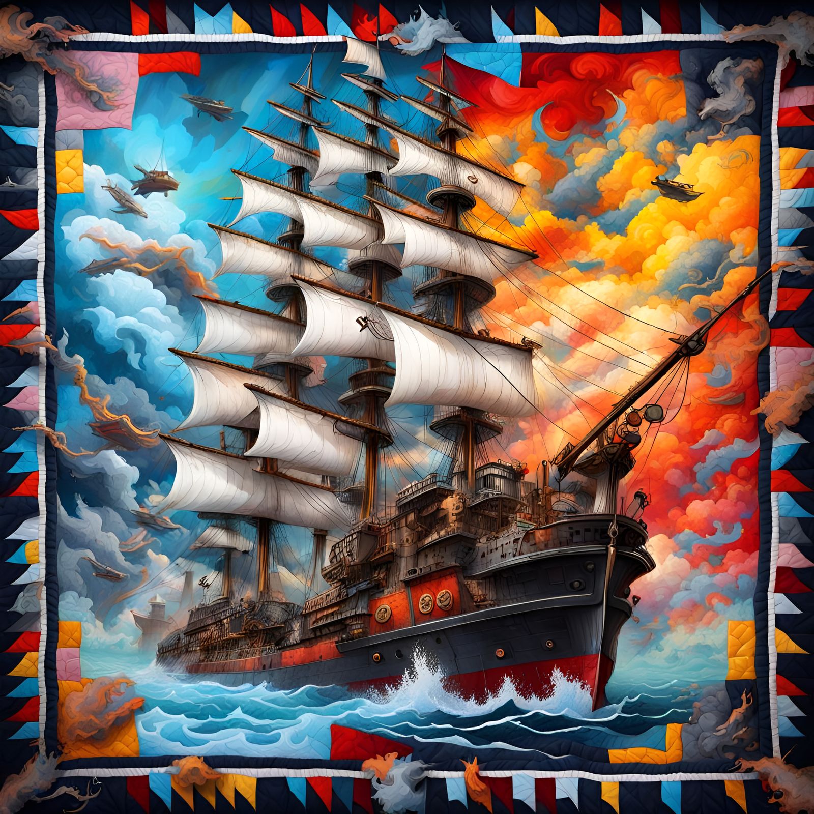 Epic Naval Combat on a Quilt in Graffiti Art
