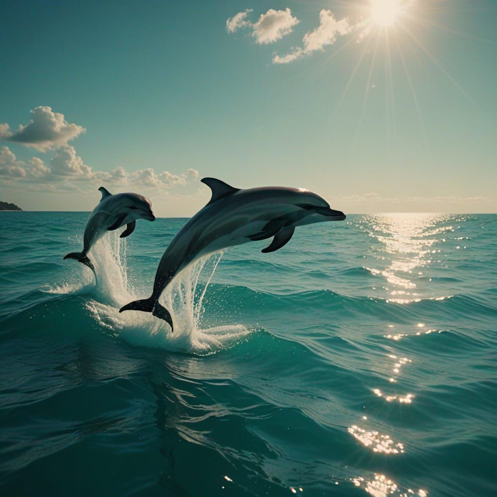 Dolphins in Cinematic Film Still with Moody Film Grain