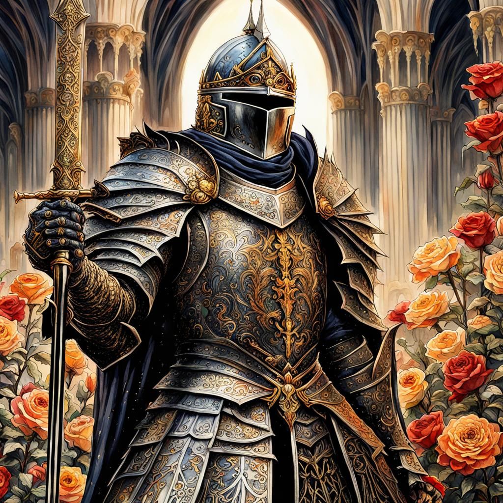Gothic Knight in Rose Field Under Eclipse