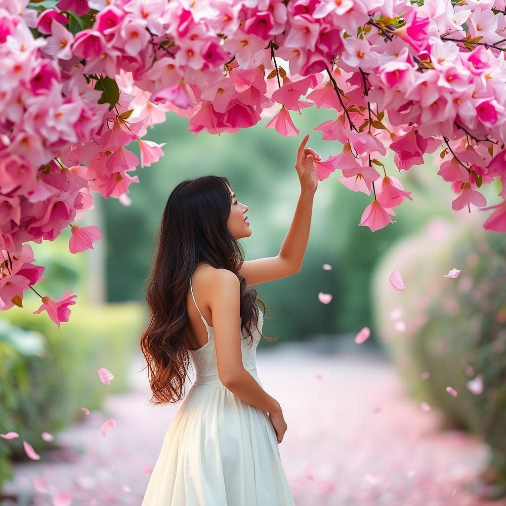 Woman in White Dress Under Bougainvillea Canopy