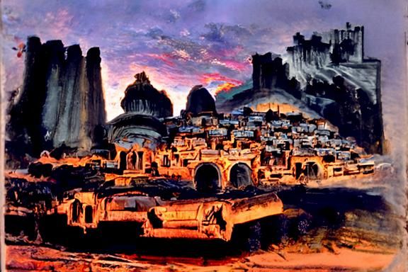 Sunset Illuminates Ancient City as Oil Painting