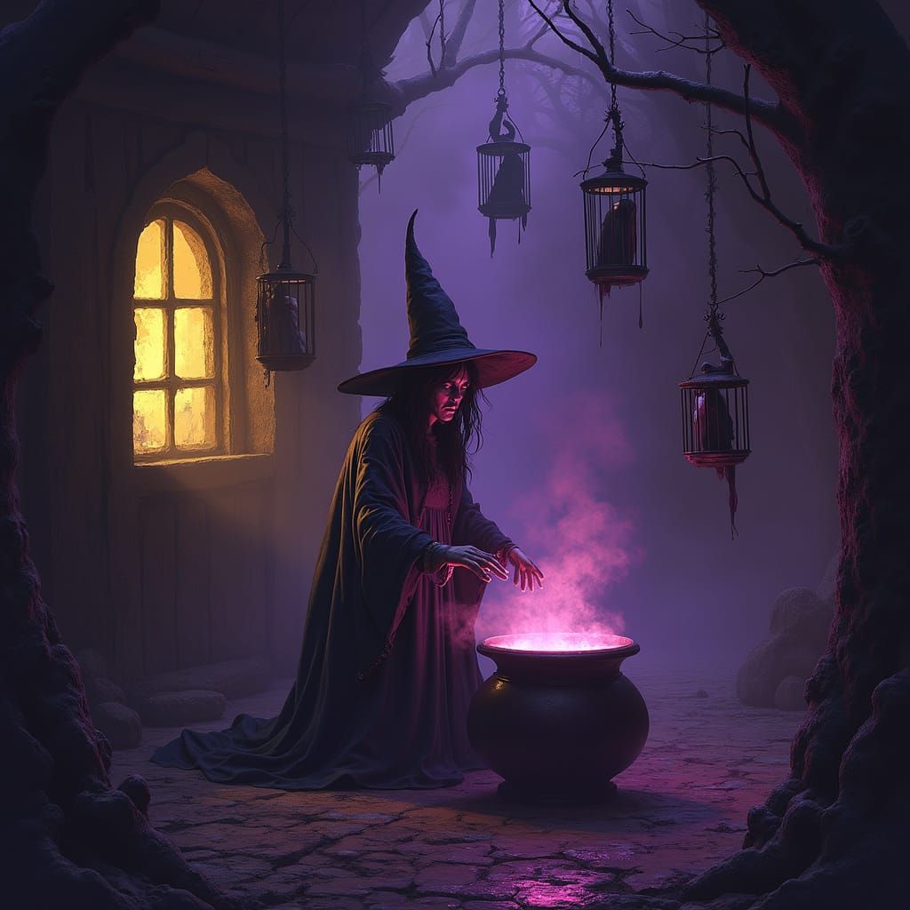Dark Fantasy Witch Cabin with Victims in Cages