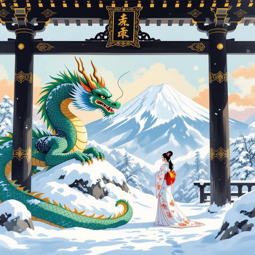 Japanese Dragon and Woman at Snowy Temple, Hokusai Style