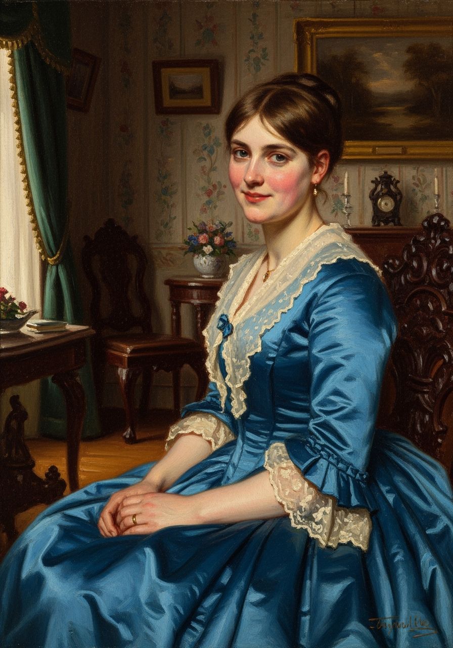 Victorian Woman in Blue Dress, Oil on Canvas Portrait