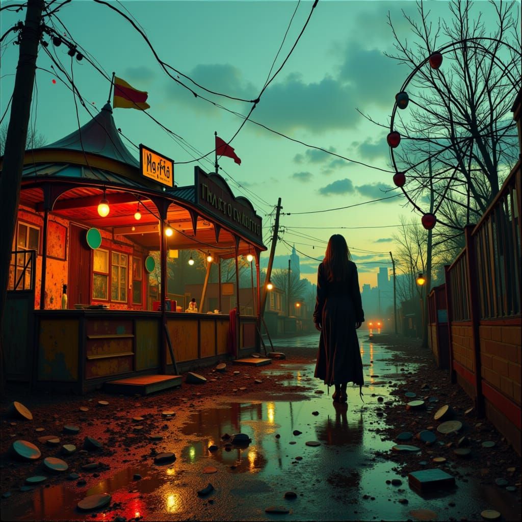 Melancholic Woman in Abandoned Carnival, Digital Art