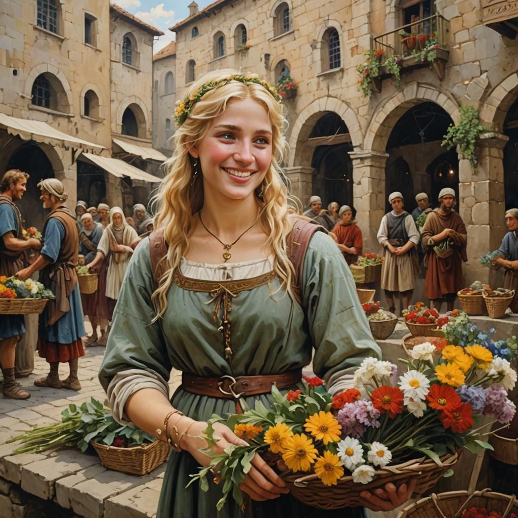 Smiling Roman Woman Selling Flowers as Oil Painting