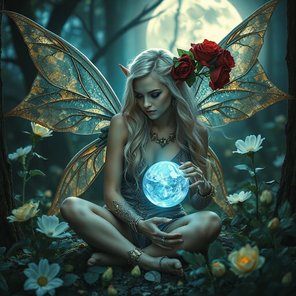 Elven Fairy in Moonlit Forest, Dark Fantasy Style