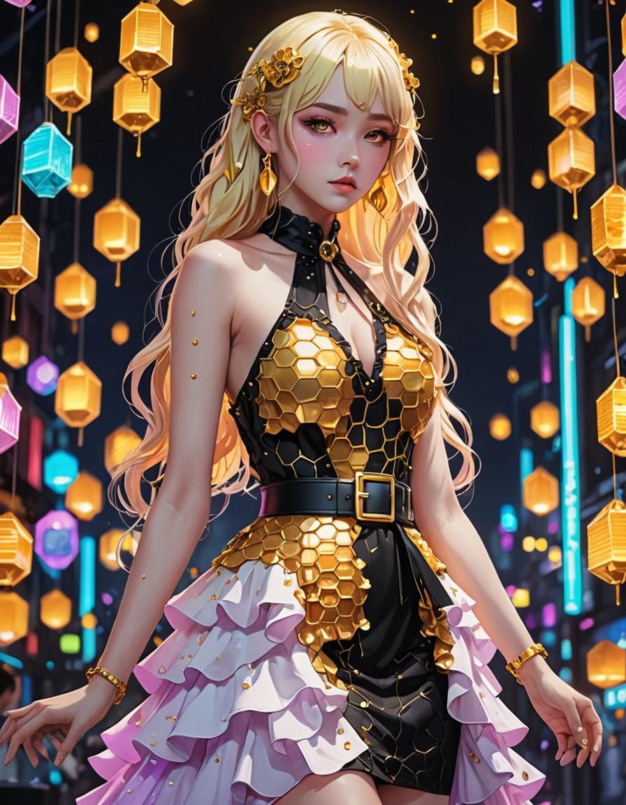 Pastel Goth Honeycomb Dress in Anime Style