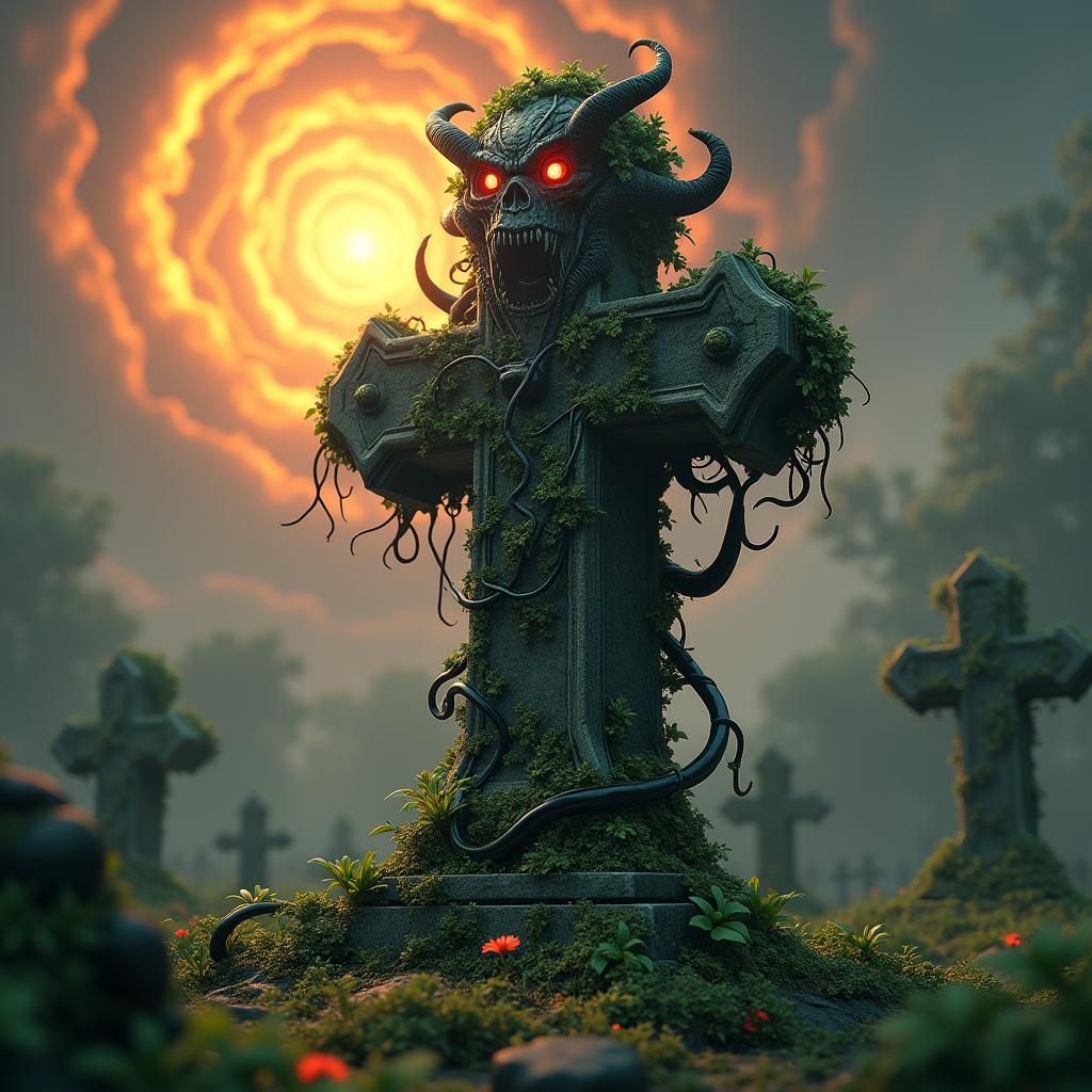 Demonic Vines on Graveyard Headstone, Fantasy Art