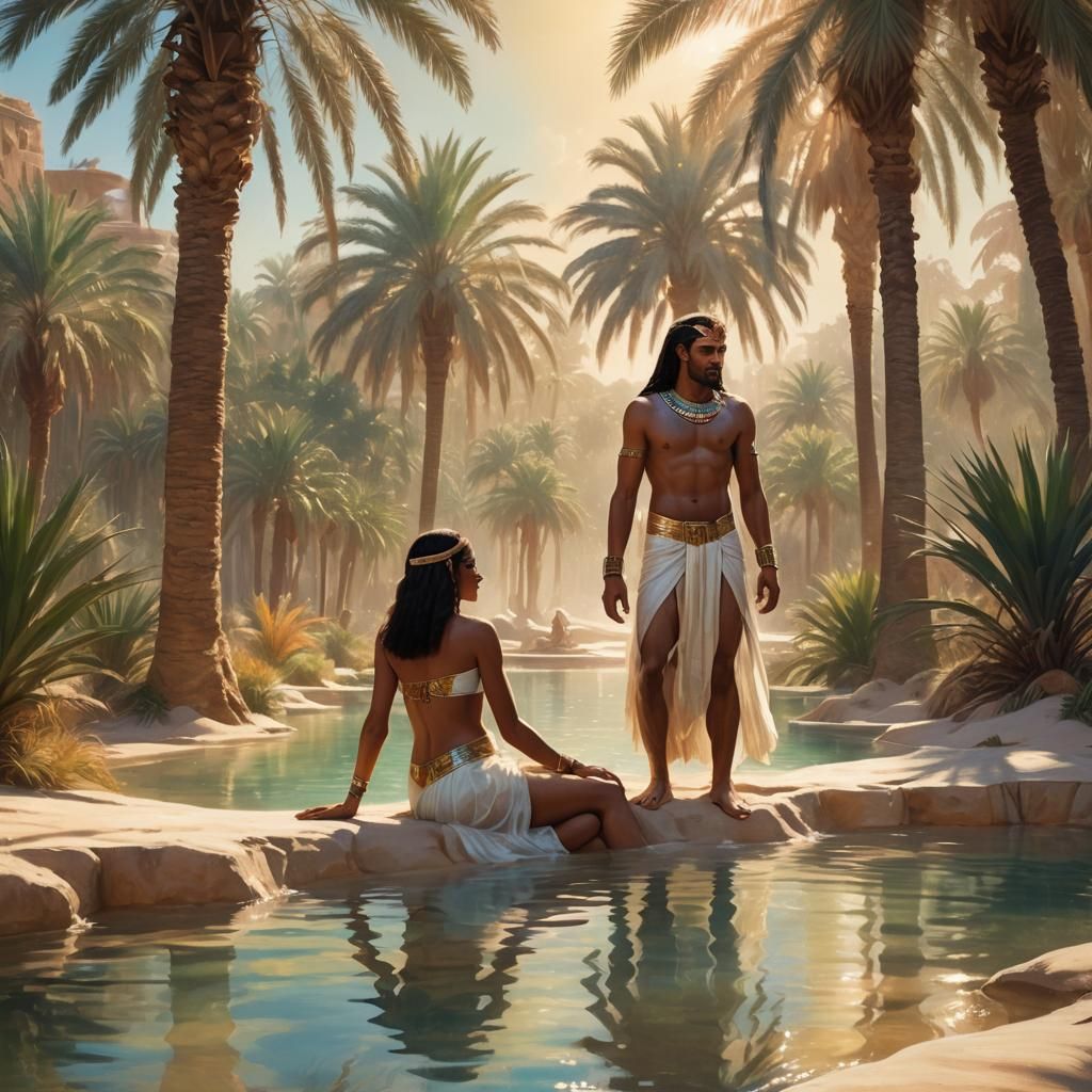 Egyptian Lovers in Oasis: Romantic Oil Painting