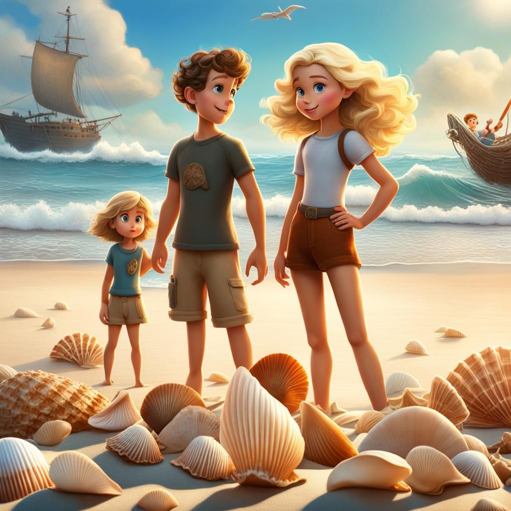 Girls Playing on Beach as 3D Digital Art