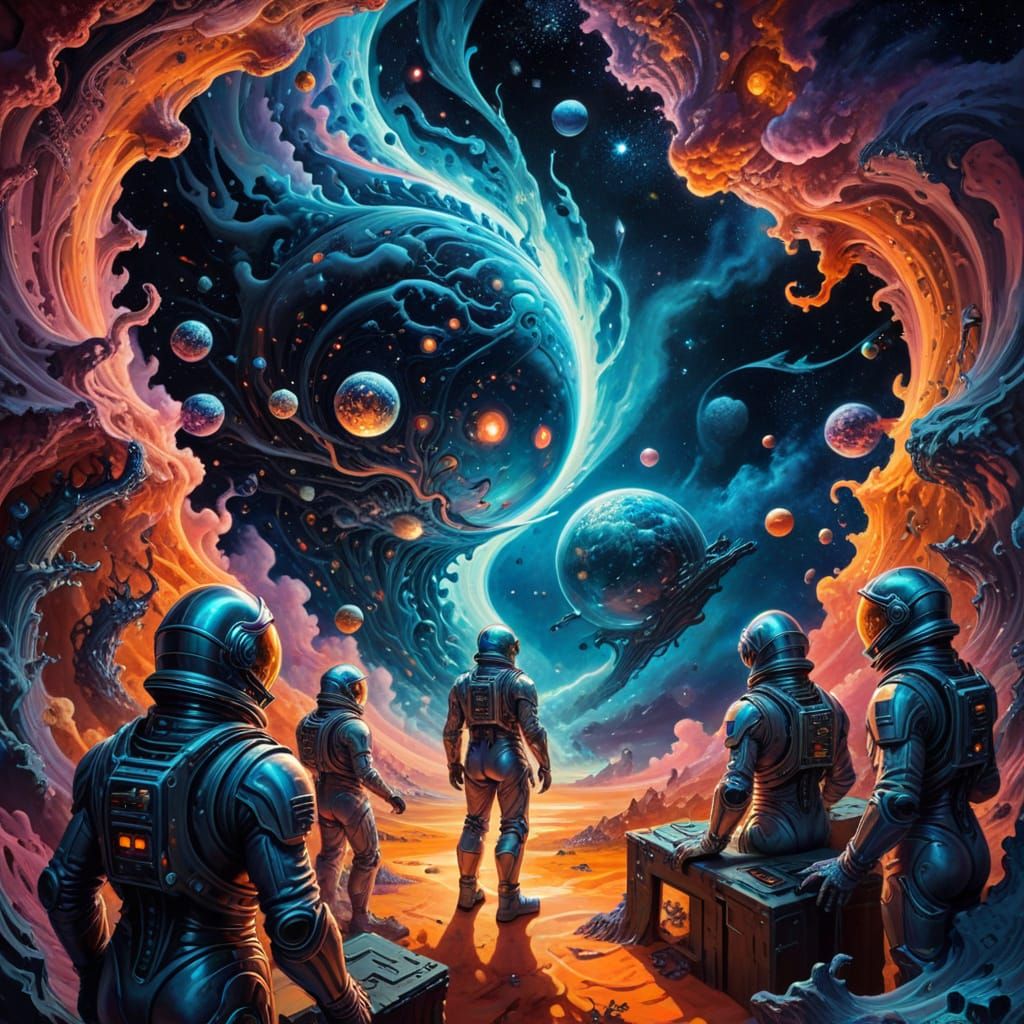 Cosmic Surrealism Astronauts in Starry Vortex