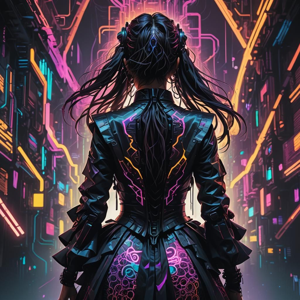 Cyberpunk Woman Silhouette with Fractal Patterns