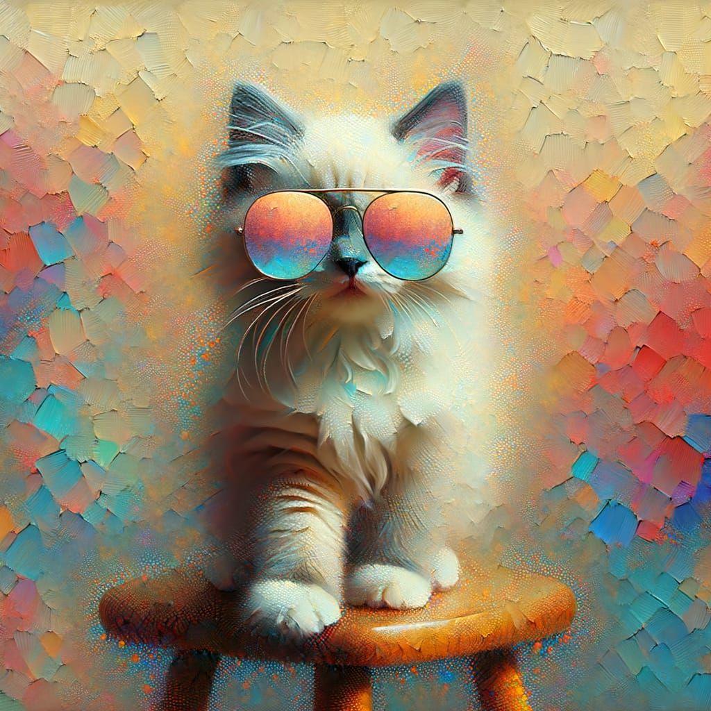 Ragdoll Kitten in Mirrored Sunglasses as Oil Painting