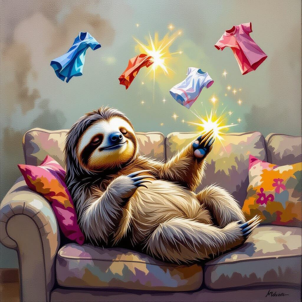 Sloth Controlling Floating Clothes with Magic Nails in Gouac...