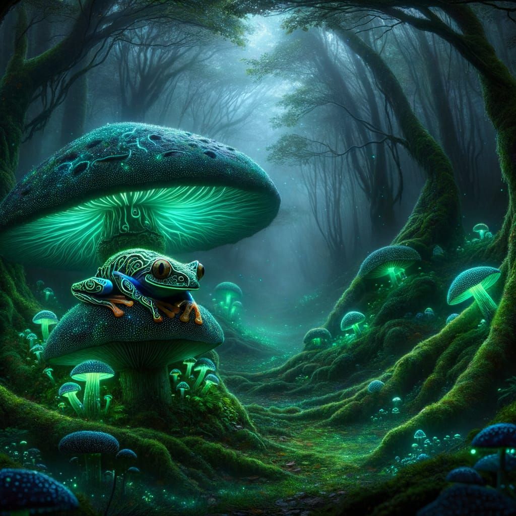 Mystical Frog Perches on Giant Mushroom in Enchanted Grove