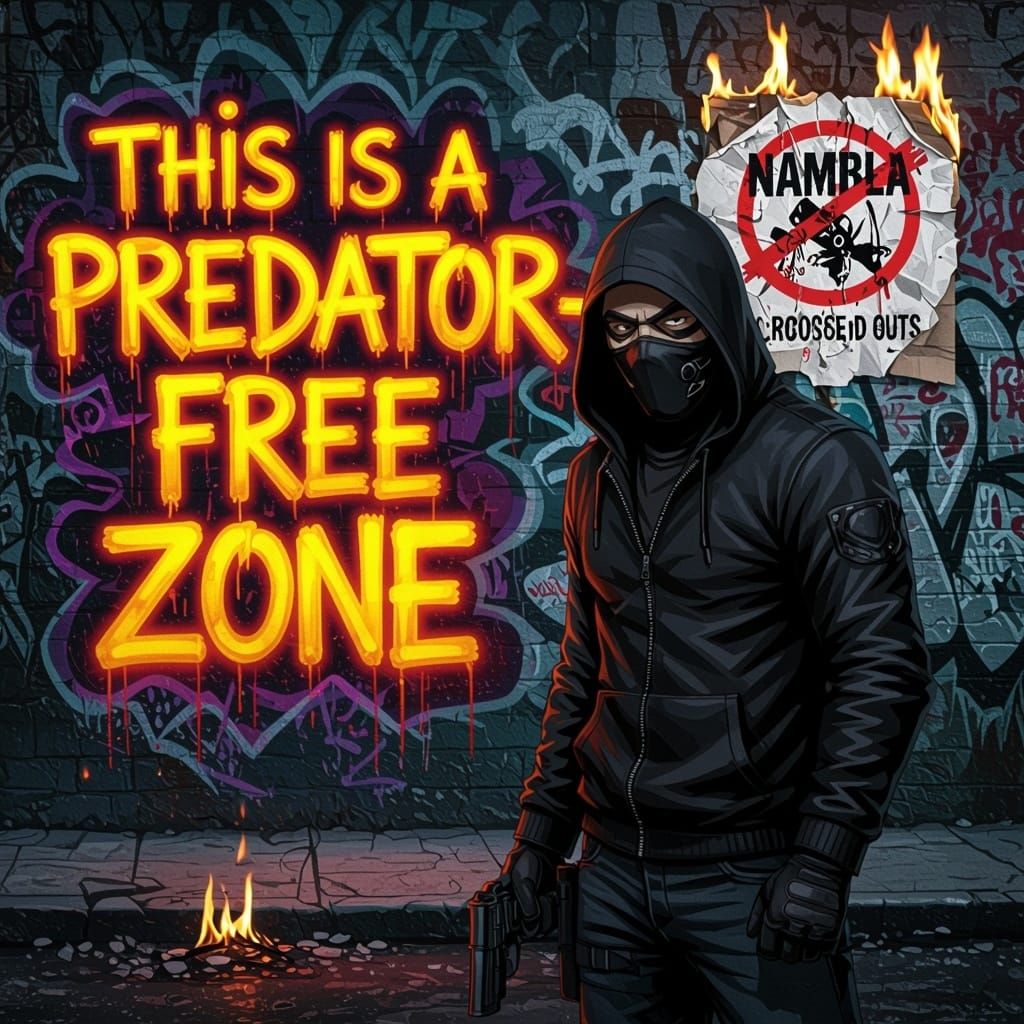 Gritty Urban Watchman Defies Predators in Bold Graffiti-Lade...