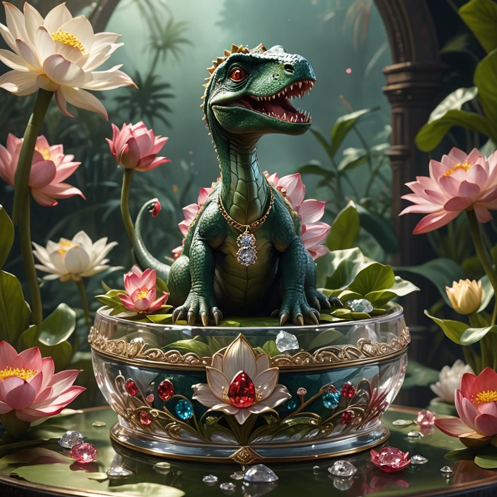 Baby Dinosaur Angel in Jeweled Lotus, Digital Art