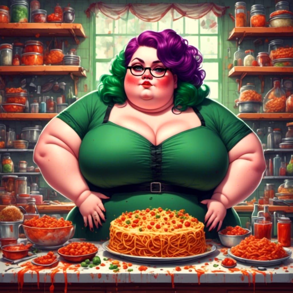 Curvy Gothic Woman Eating Pasta