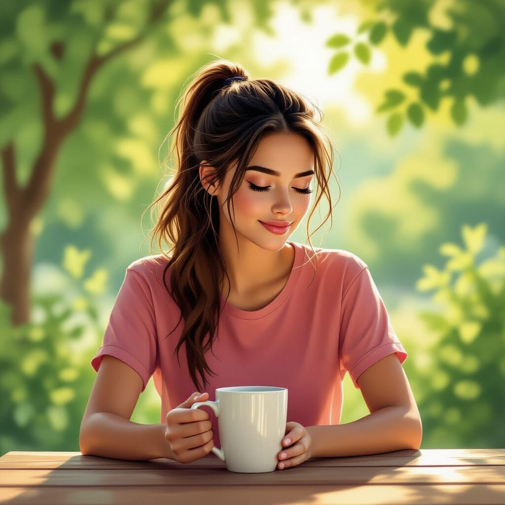 Serene Woman Enjoys Coffee Outdoors in Golden Light