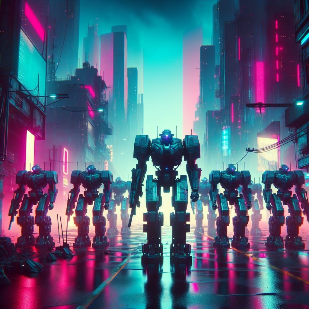 Cyberpunk Robots Patrol Post-Apocalyptic Cityscape