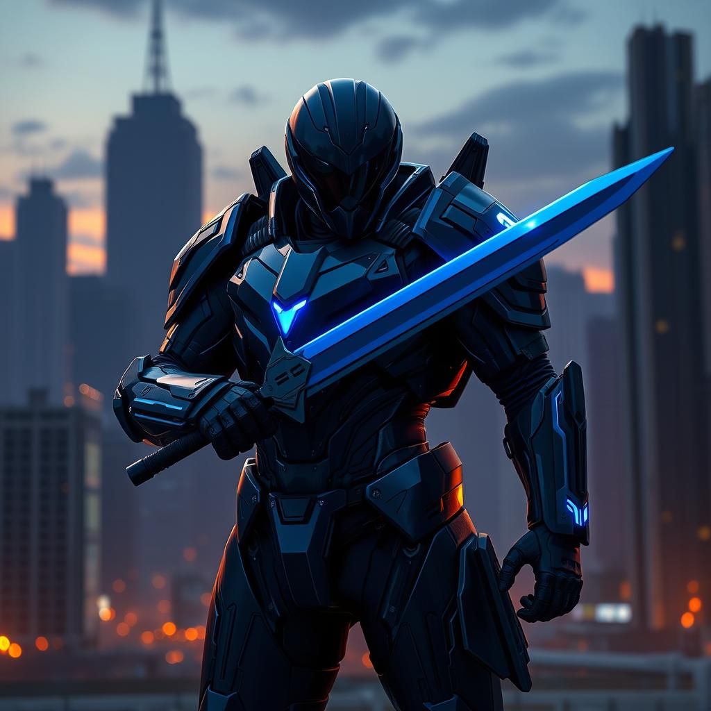 Dystopian Hero: High-Tech Armor in Cyberpunk Cityscape