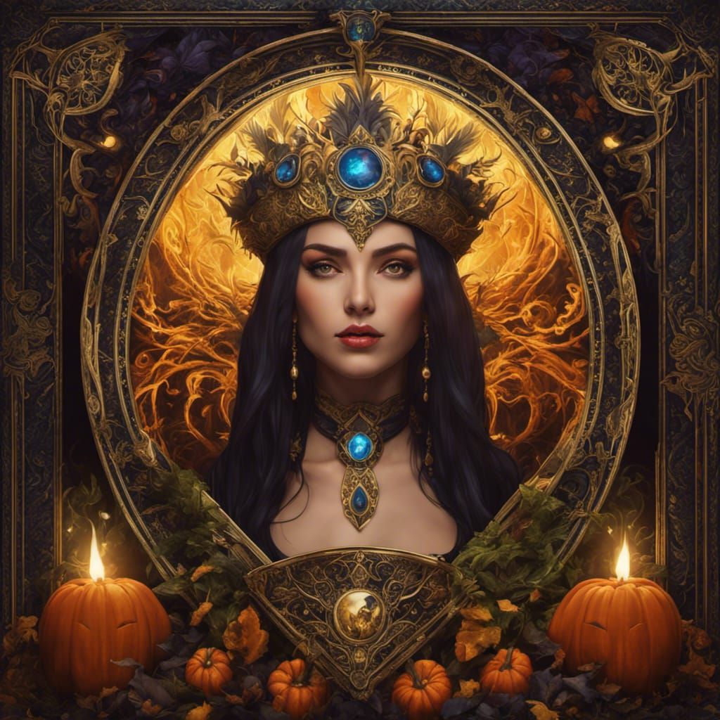 High Priestess Witch Tarot Card in Dark Fantasy Style