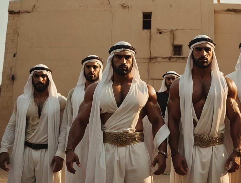Middle Eastern Bodybuilders in Emirate Headdress: Cinematic ...