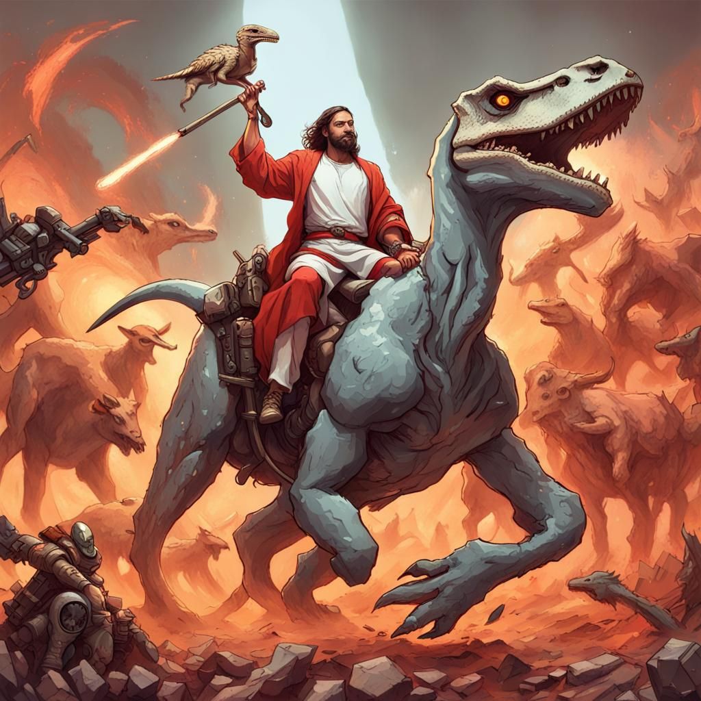 Mechanical Jesus Rides Raptor in Hell: Digital Art